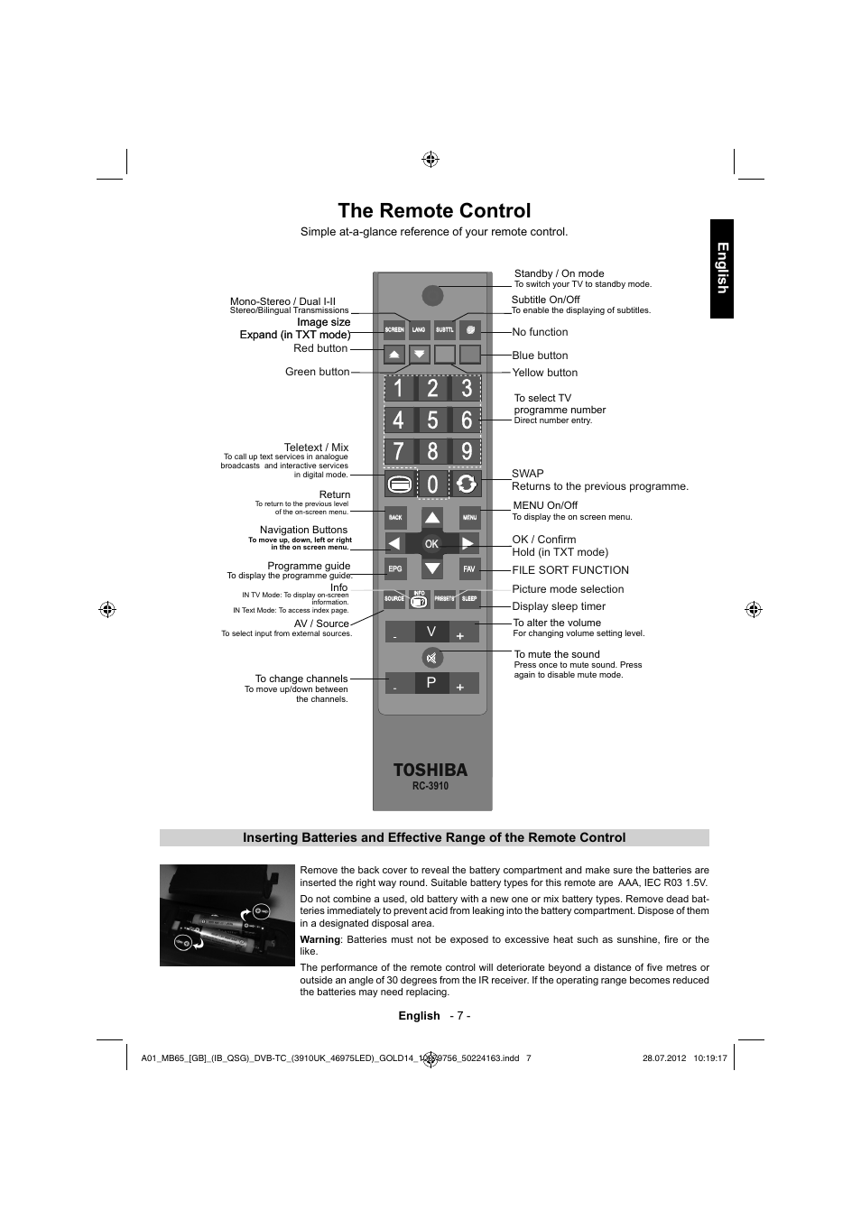 The remote control, Toshiba, English | Toshiba BL712 User Manual | Page 8 / 33