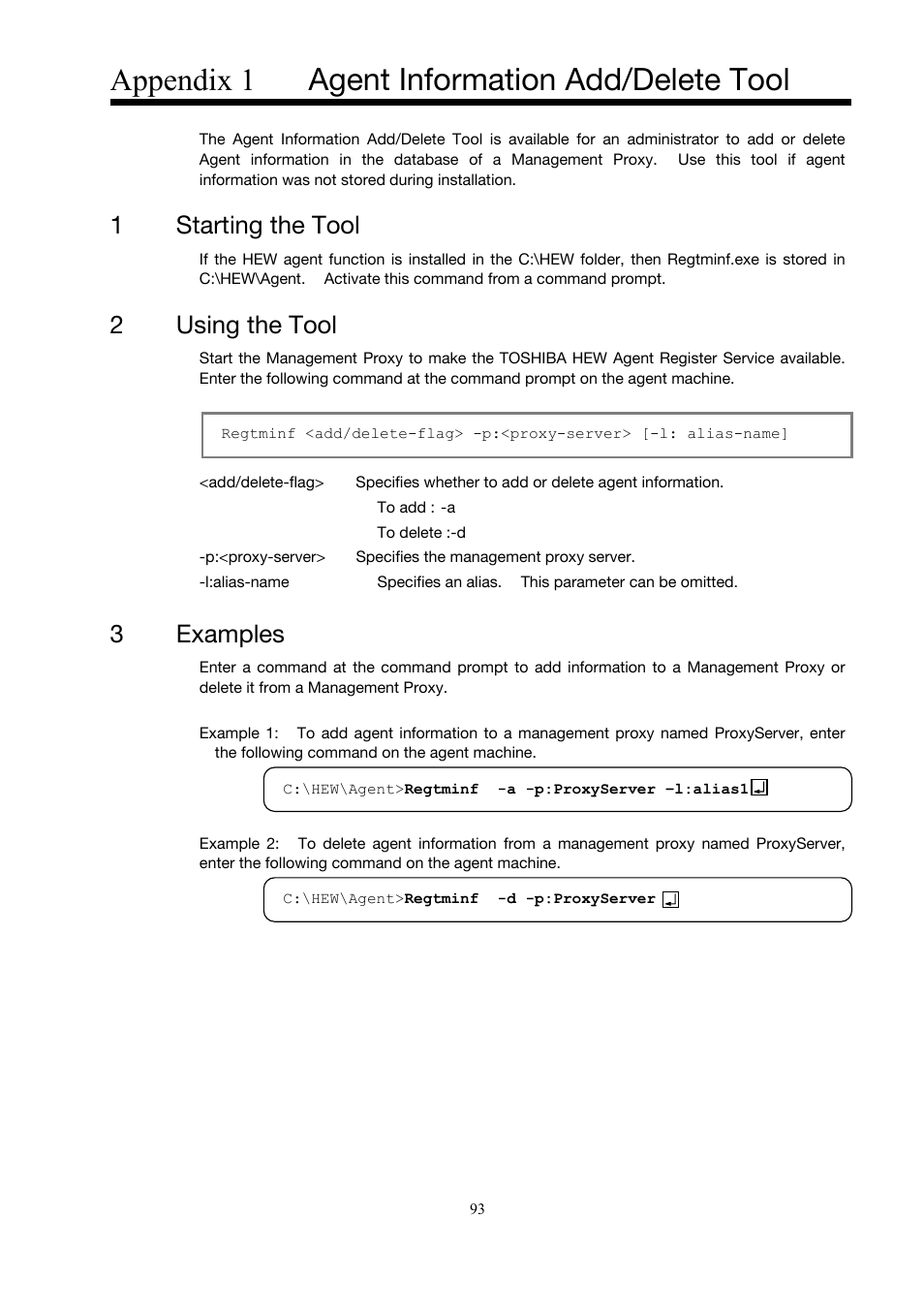 Appendix 1, Agent information add/delete tool, Starting the tool | Using the tool, Examples, Appendix 1 agent information add/delete tool, 1starting the tool, 2using the tool, 3 examples | Toshiba Magnia Z500 User Manual | Page 103 / 146