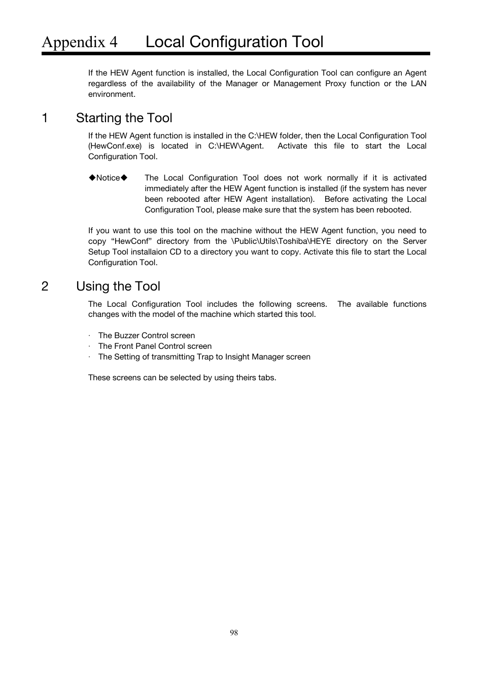 Appendix 4, Local configuration tool, Starting the tool | Using the tool, Appendix 4 local configuration tool), Appendix 4 local configuration tool, 1starting the tool, 2using the tool | Toshiba Magnia Z500 User Manual | Page 108 / 146