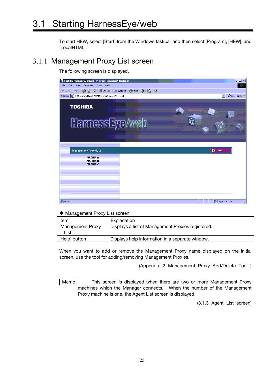 Starting harnesseye/web, Management proxy list screen, 1 starting harnesseye/web | 1 management proxy list screen | Toshiba Magnia Z500 User Manual | Page 35 / 146