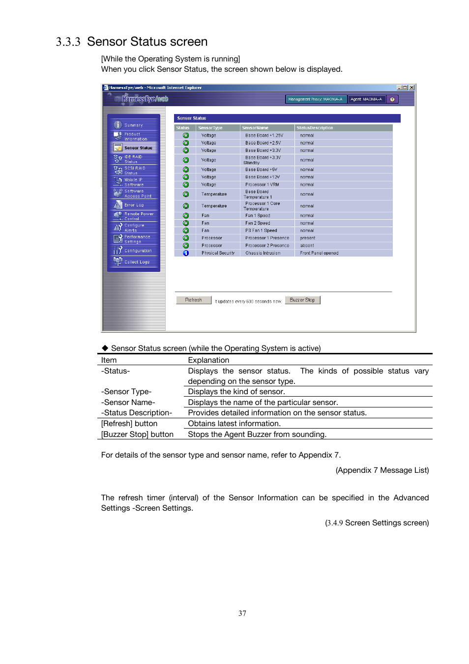 Sensor status screen, 3 sensor status screen), 3 sensor status screen | Toshiba Magnia Z500 User Manual | Page 47 / 146