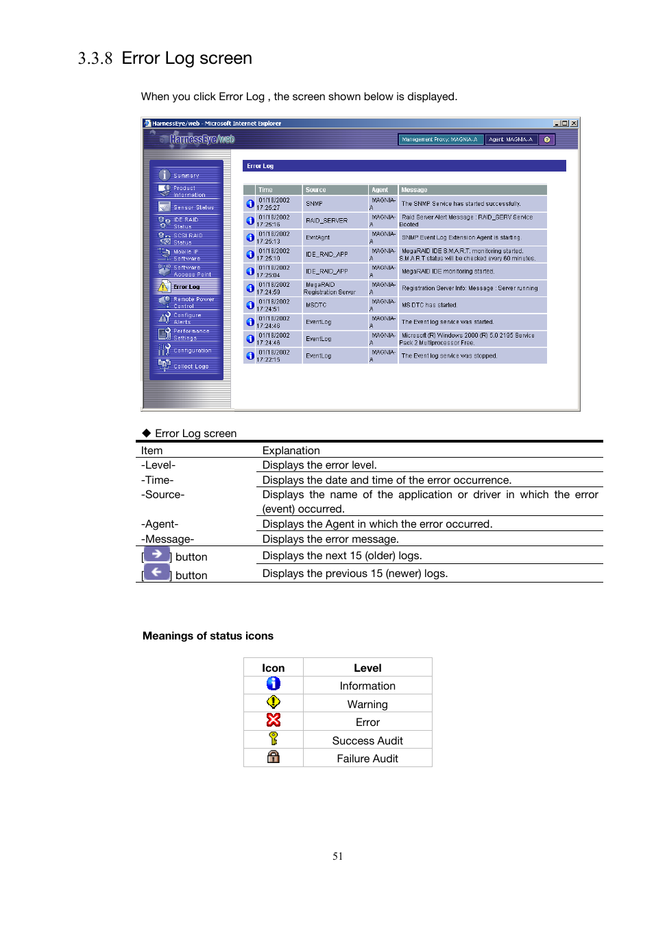 Error log screen, 8 error log screen), 8 error log screen | Toshiba Magnia Z500 User Manual | Page 61 / 146