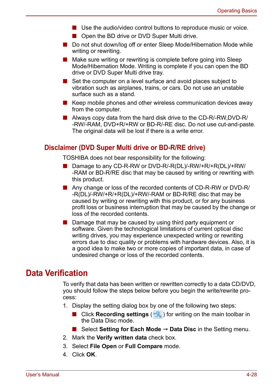 Data verification, Data verification -28 | Toshiba Qosmio X500 User Manual | Page 102 / 204