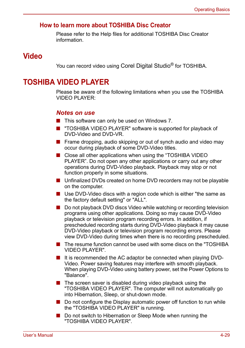 Video, Toshiba video player, Video -29 toshiba video player -29 | How to learn more about toshiba disc creator | Toshiba Qosmio X500 User Manual | Page 103 / 204