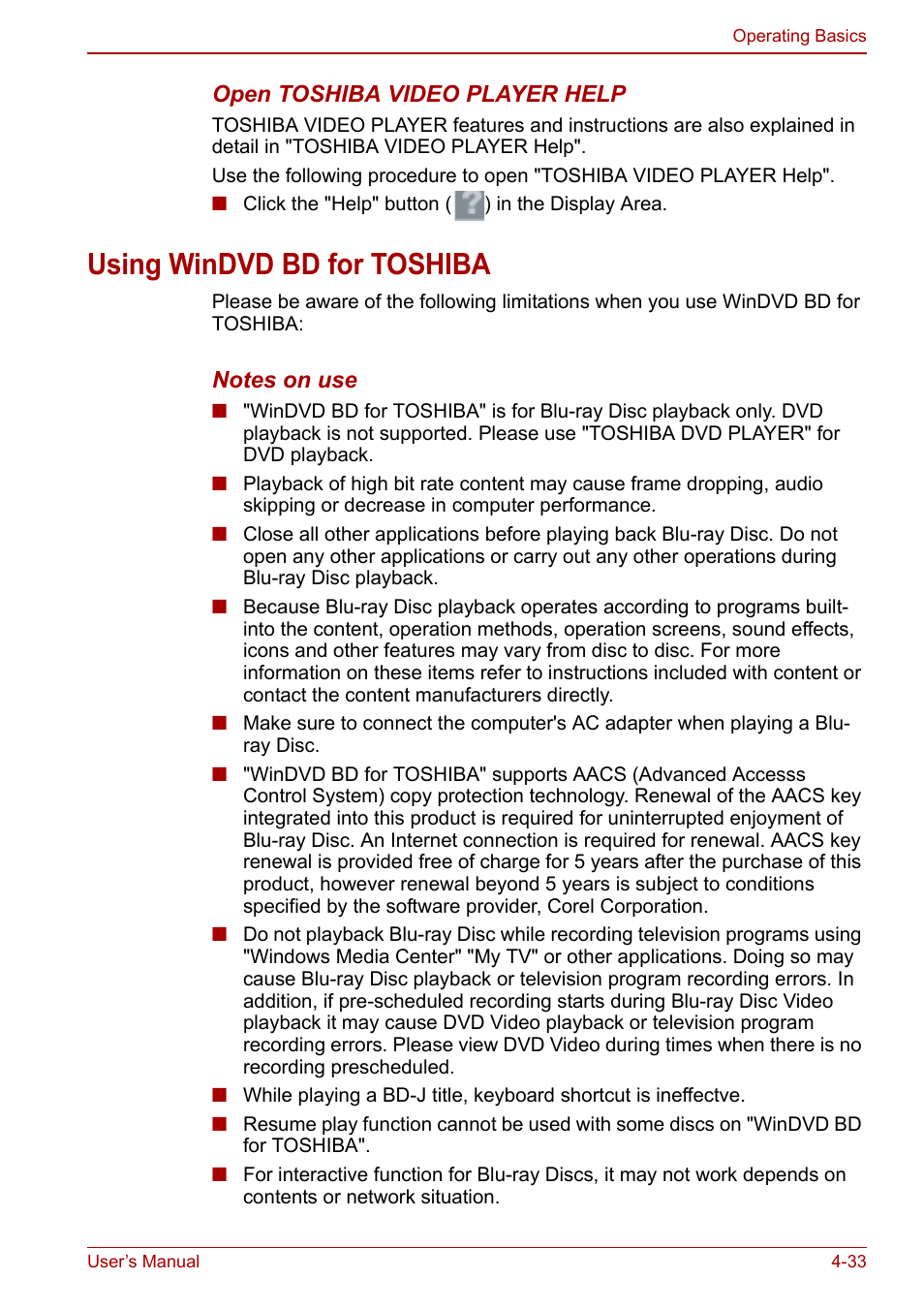 Using windvd bd for toshiba, Using windvd bd for toshiba -33 | Toshiba Qosmio X500 User Manual | Page 107 / 204