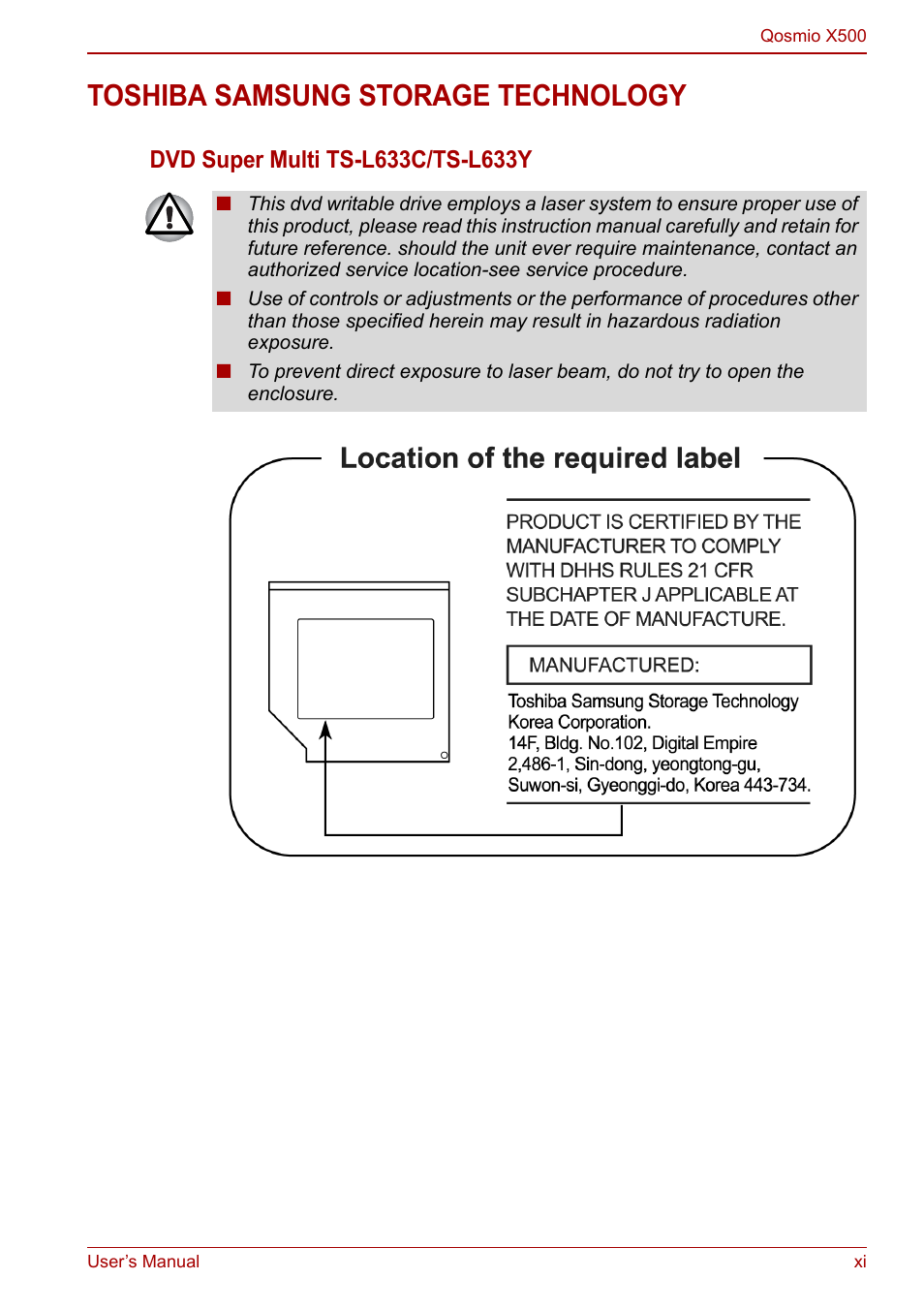 Toshiba samsung storage technology | Toshiba Qosmio X500 User Manual | Page 11 / 204