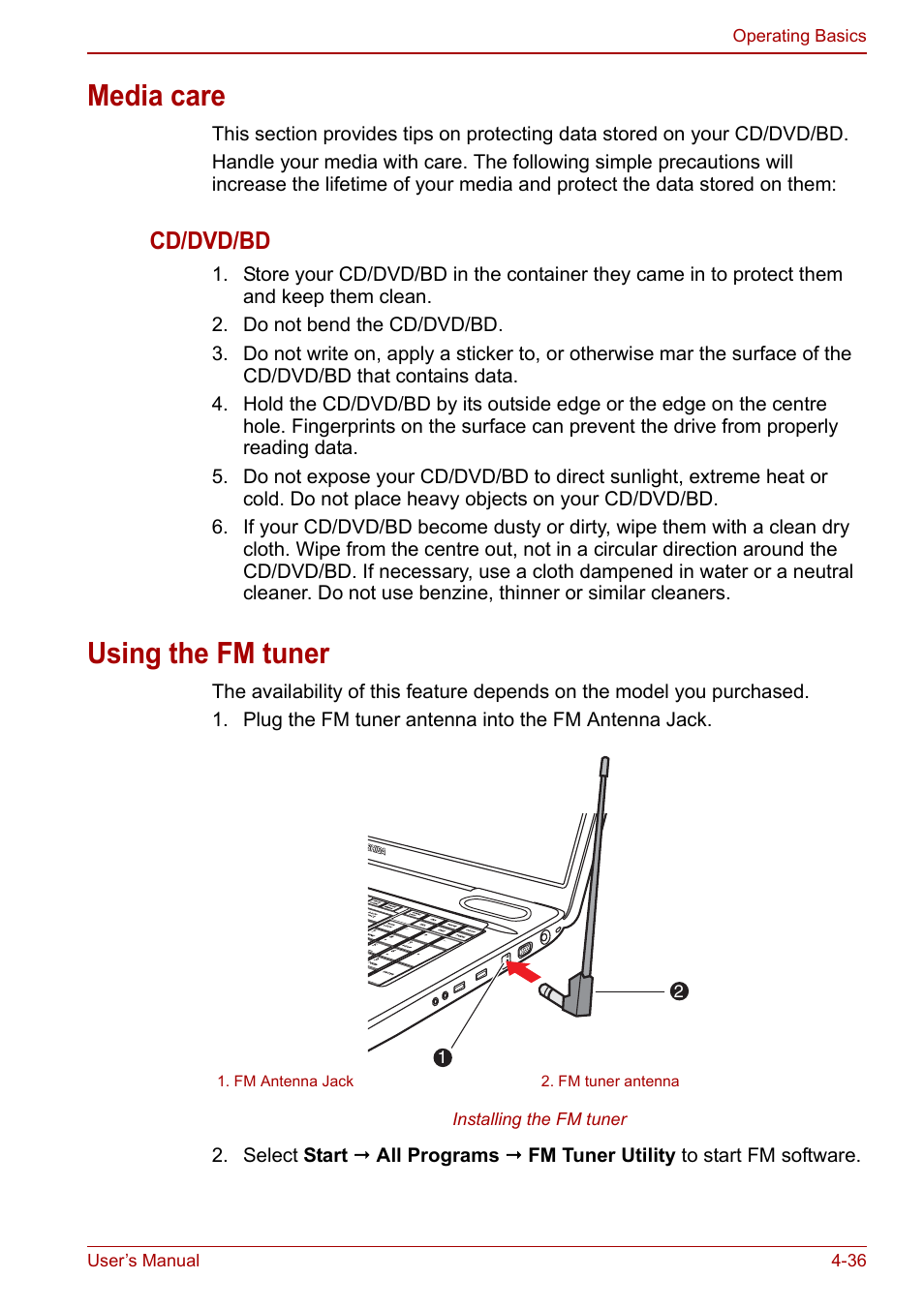 Media care, Using the fm tuner, Media care -36 using the fm tuner -36 | Cd/dvd/bd | Toshiba Qosmio X500 User Manual | Page 110 / 204