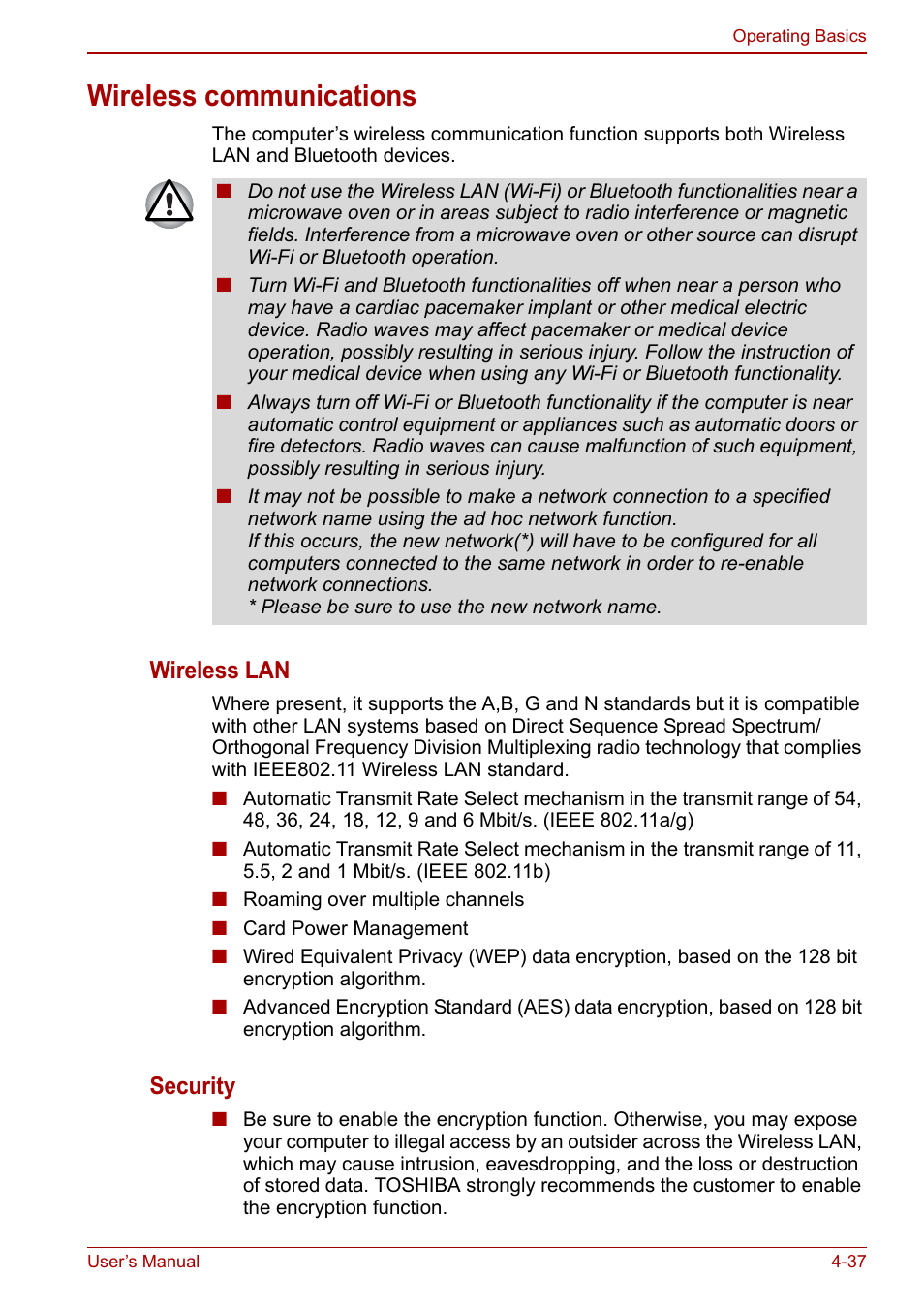 Wireless communications, Wireless communications -37, Wireless lan | Security | Toshiba Qosmio X500 User Manual | Page 111 / 204