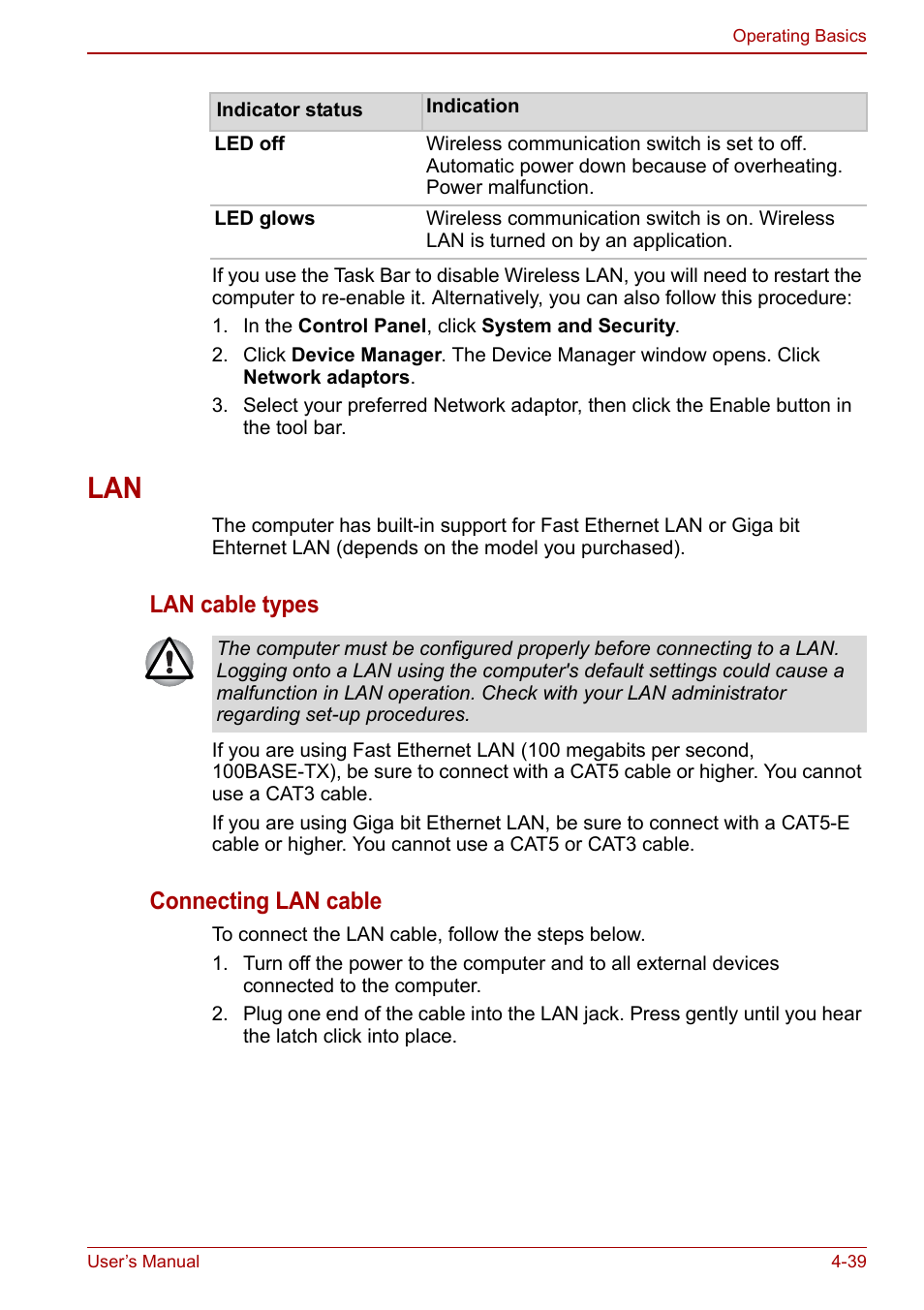 Lan -39, Lan cable types, Connecting lan cable | Toshiba Qosmio X500 User Manual | Page 113 / 204