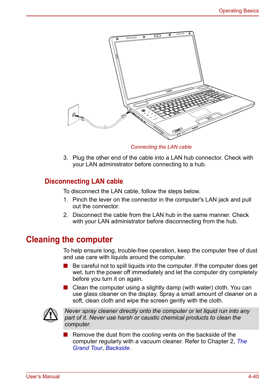 Cleaning the computer, Cleaning the computer -40, Disconnecting lan cable | Toshiba Qosmio X500 User Manual | Page 114 / 204