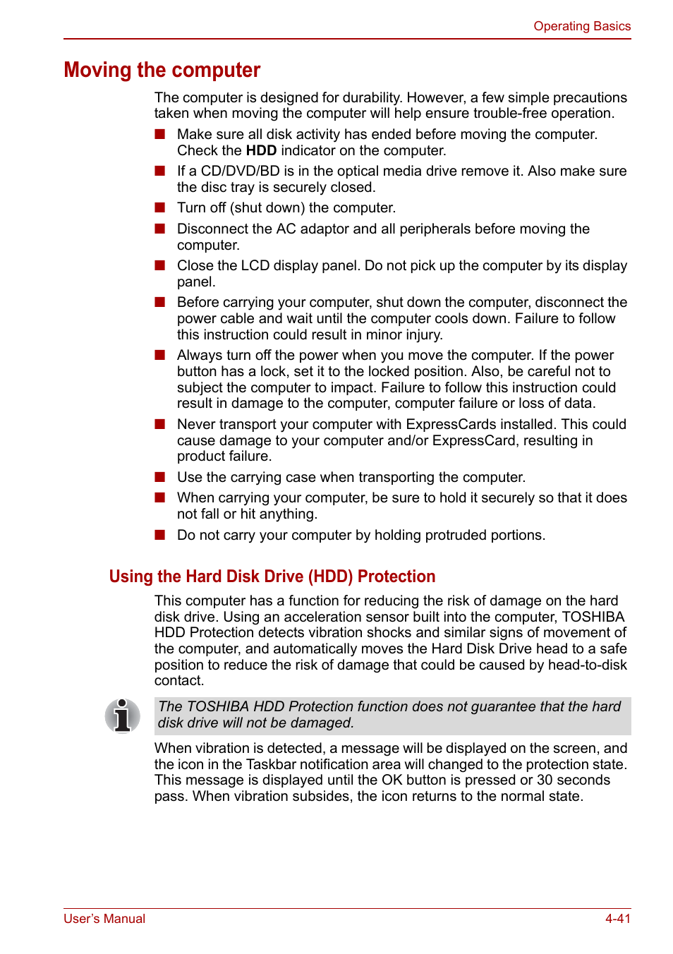 Moving the computer, Moving the computer -41, Act. refer to the | Using the hard, Disk drive (hdd) protection, Using the hard disk drive (hdd) protection | Toshiba Qosmio X500 User Manual | Page 115 / 204