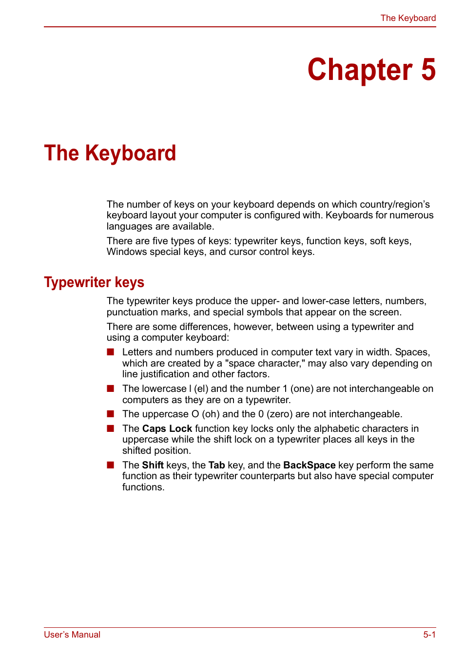 Chapter 5: the keyboard, Typewriter keys, Chapter 5 | The keyboard, Typewriter keys -1, Apter 5 | Toshiba Qosmio X500 User Manual | Page 118 / 204