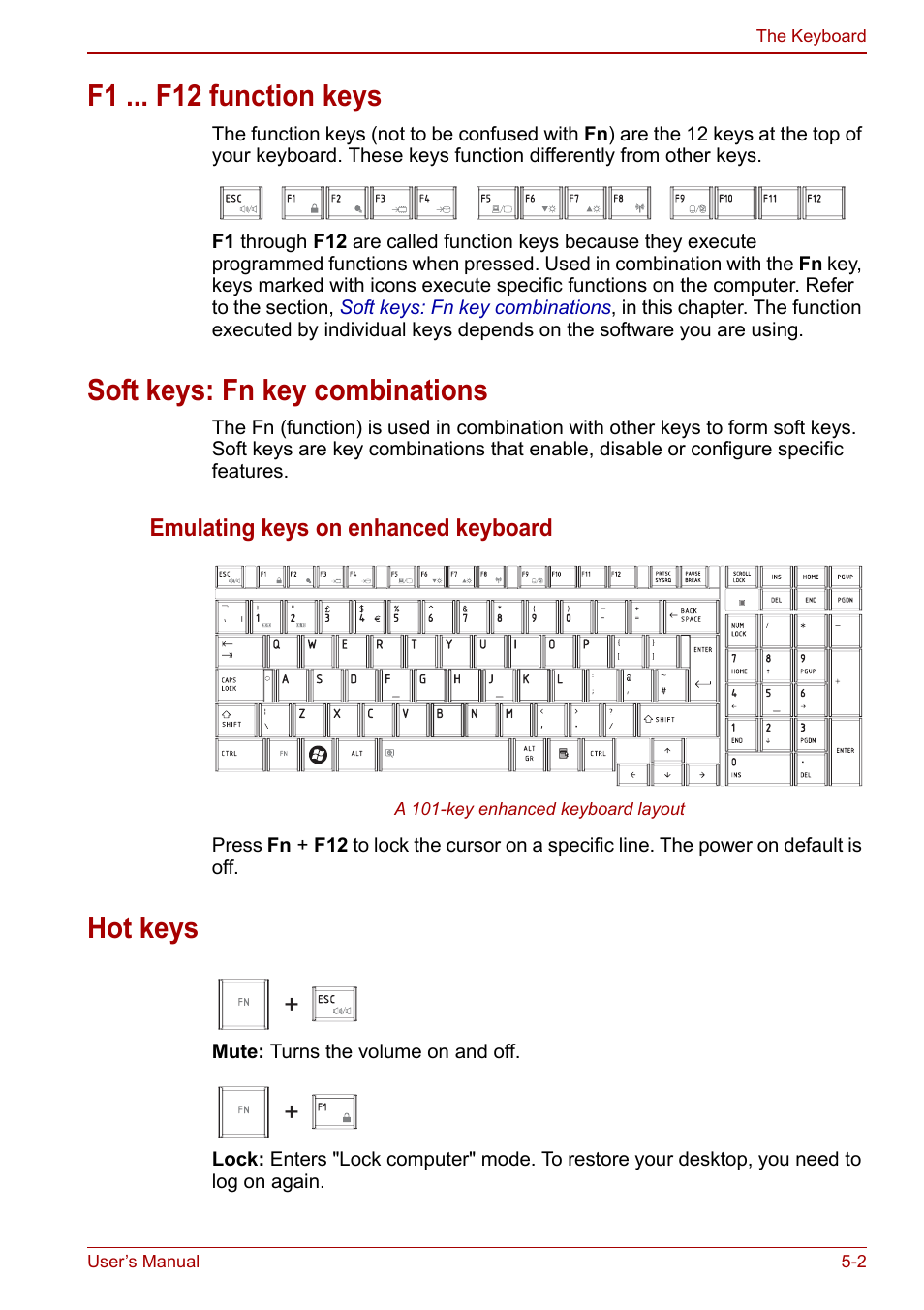 F1 ... f12 function keys, Soft keys: fn key combinations, Hot keys | Toshiba Qosmio X500 User Manual | Page 119 / 204