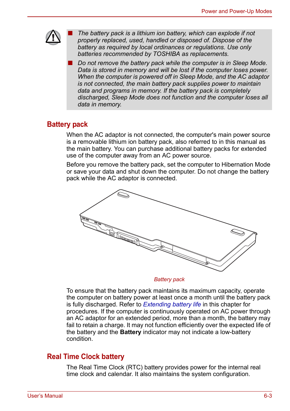 Battery pack, Real time clock battery | Toshiba Qosmio X500 User Manual | Page 124 / 204