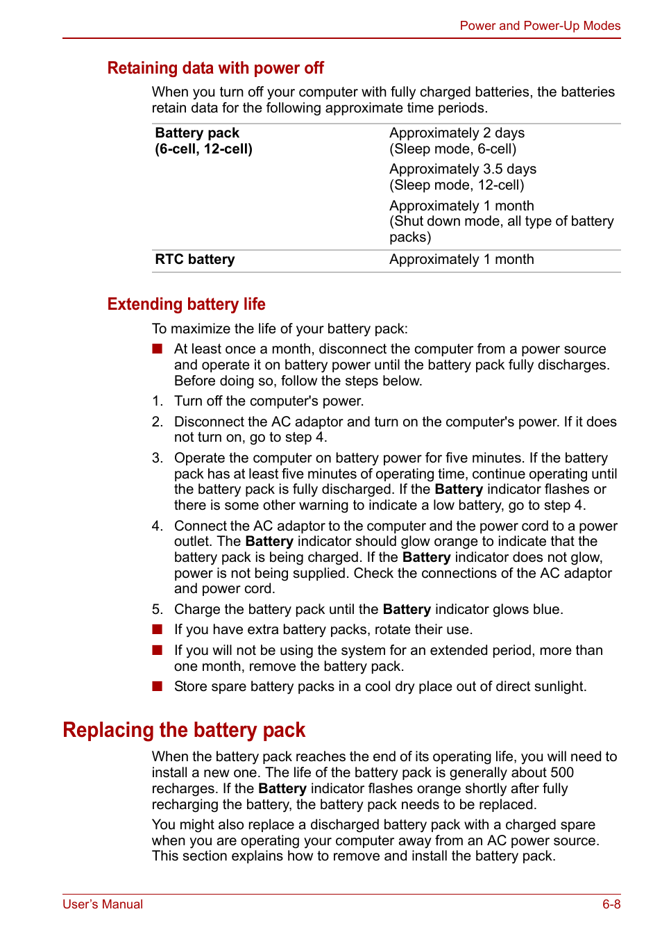 Replacing the battery pack, Replacing the battery pack -8, Retaining data with power off | Extending battery life | Toshiba Qosmio X500 User Manual | Page 129 / 204