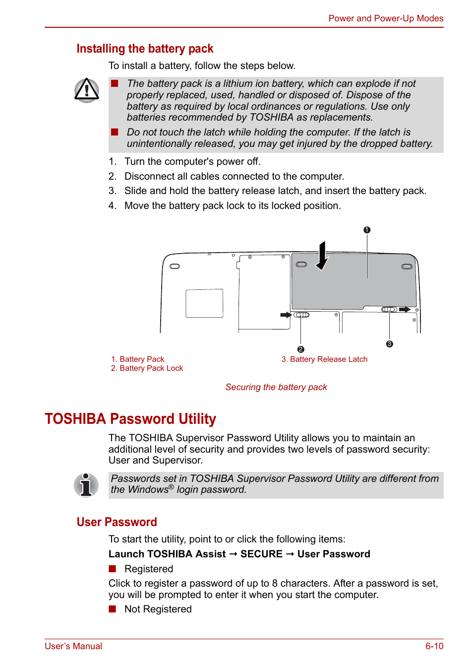 Toshiba password utility, Toshiba password utility -10, Installing the battery pack | User password | Toshiba Qosmio X500 User Manual | Page 131 / 204