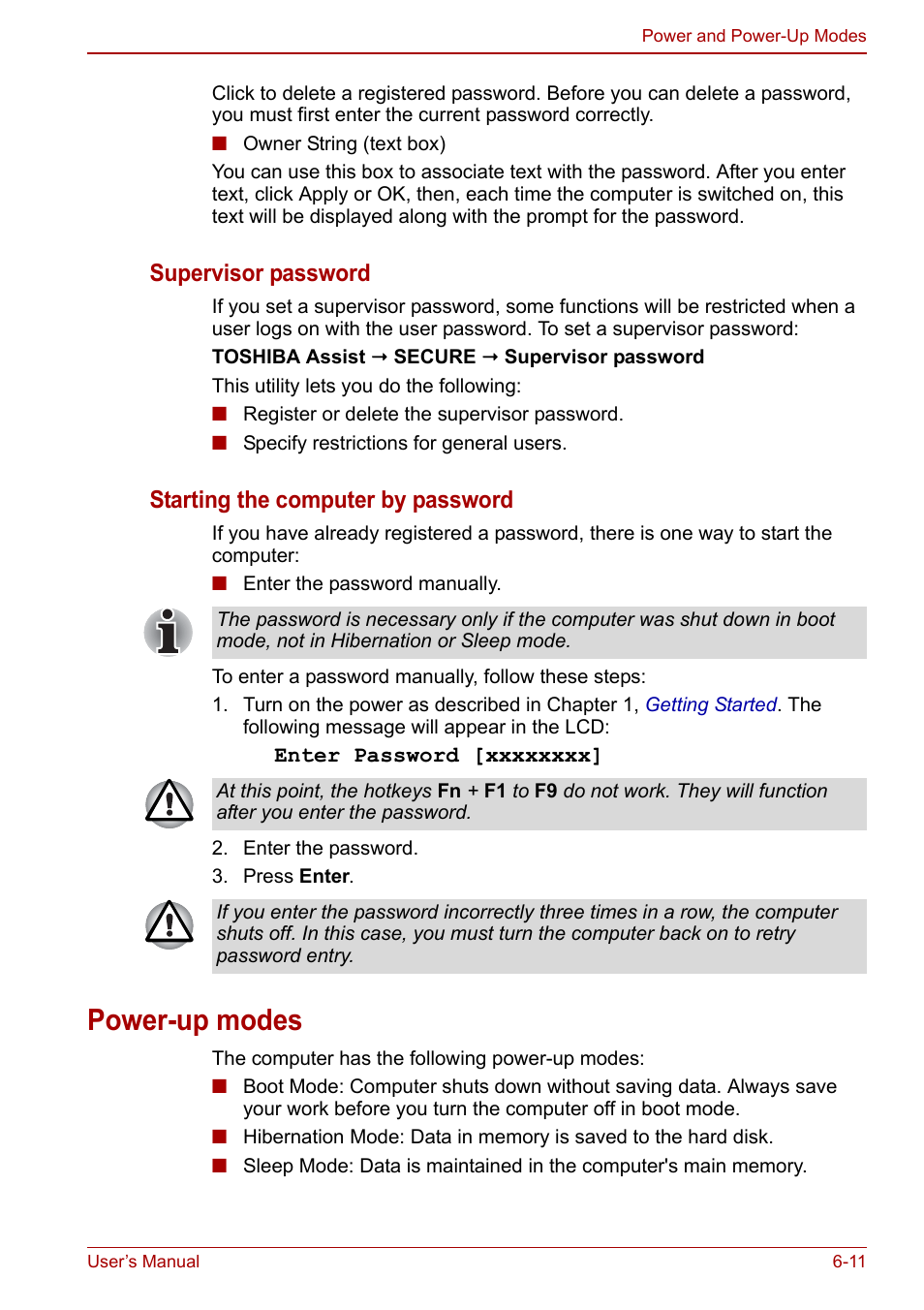 Power-up modes, Power-up modes -11, Supervisor password | Starting the computer by password | Toshiba Qosmio X500 User Manual | Page 132 / 204