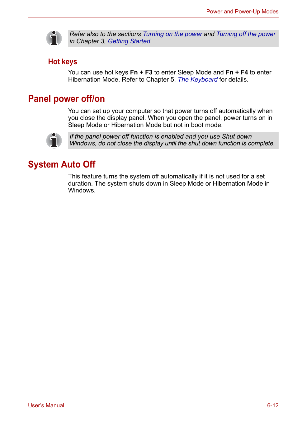 Panel power off/on, System auto off, Panel power off/on -12 system auto off -12 | Toshiba Qosmio X500 User Manual | Page 133 / 204