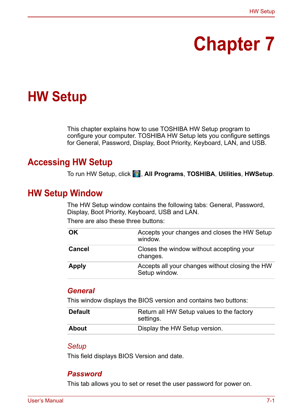 Chapter 7: hw setup, Accessing hw setup, Hw setup window | Chapter 7, Hw setup, Accessing hw setup -1 hw setup window -1, Hapter 7 | Toshiba Qosmio X500 User Manual | Page 134 / 204