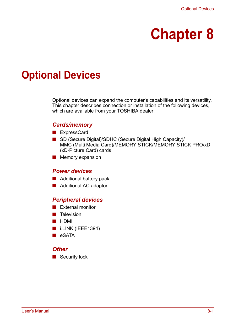 Chapter 8: optional devices, Chapter 8, Optional devices | Toshiba Qosmio X500 User Manual | Page 138 / 204