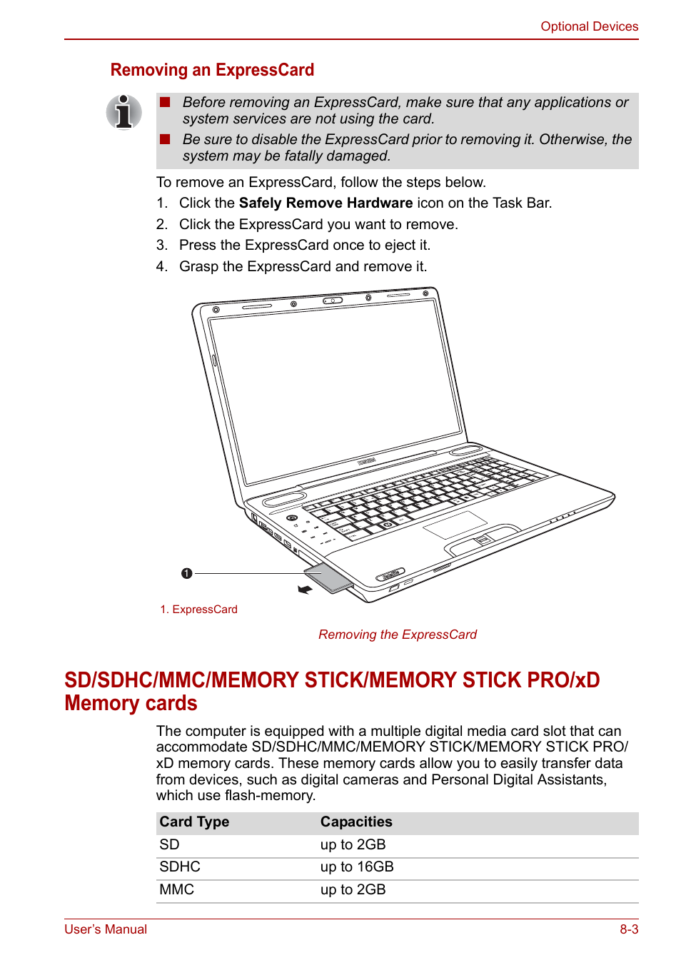 Removing an expresscard | Toshiba Qosmio X500 User Manual | Page 140 / 204