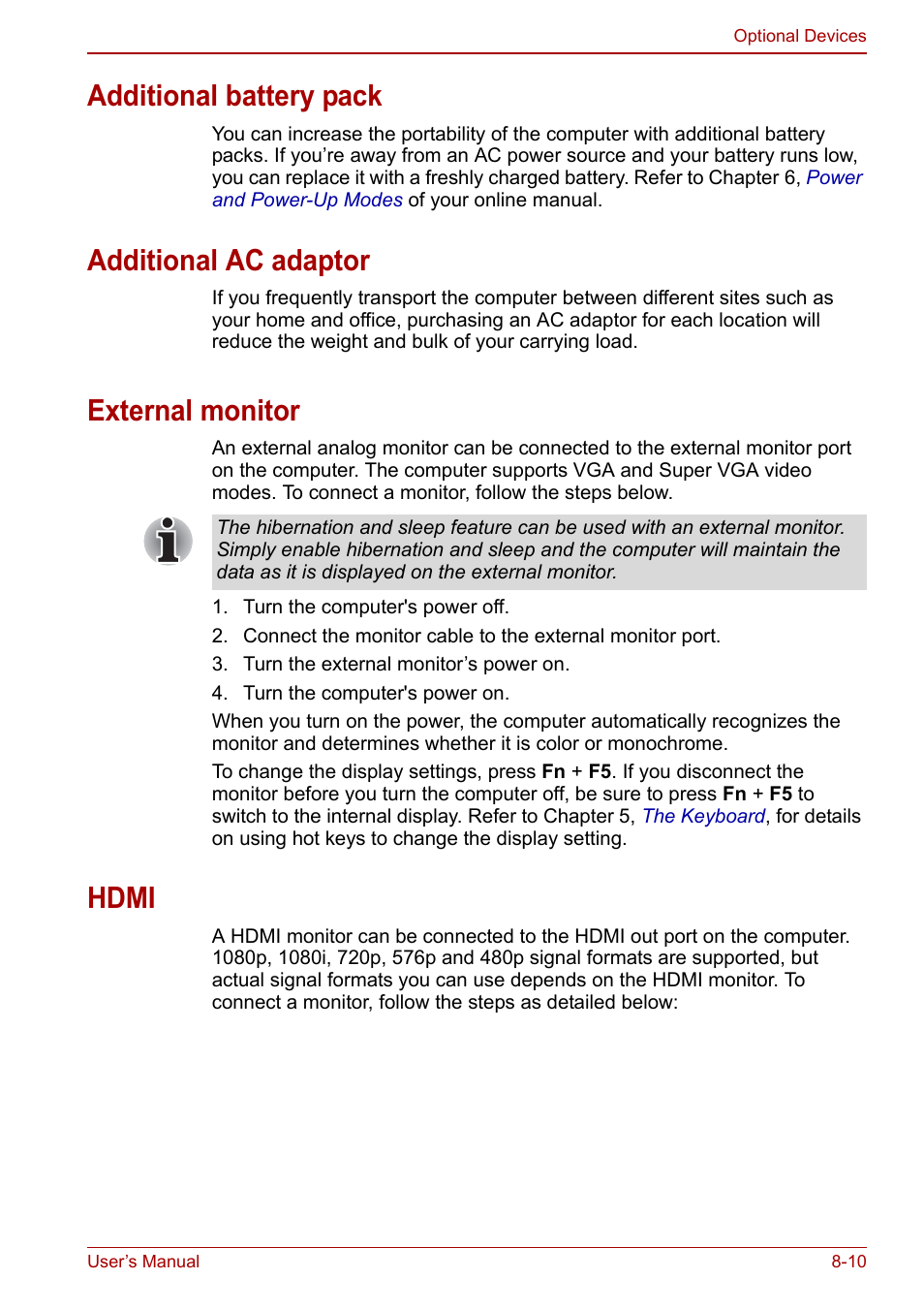 Additional battery pack, Additional ac adaptor, External monitor | Hdmi | Toshiba Qosmio X500 User Manual | Page 147 / 204