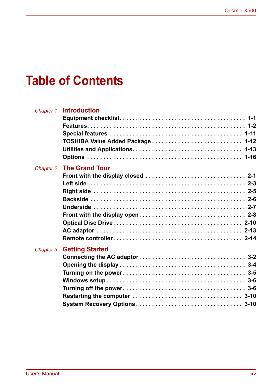 Toshiba Qosmio X500 User Manual | Page 15 / 204