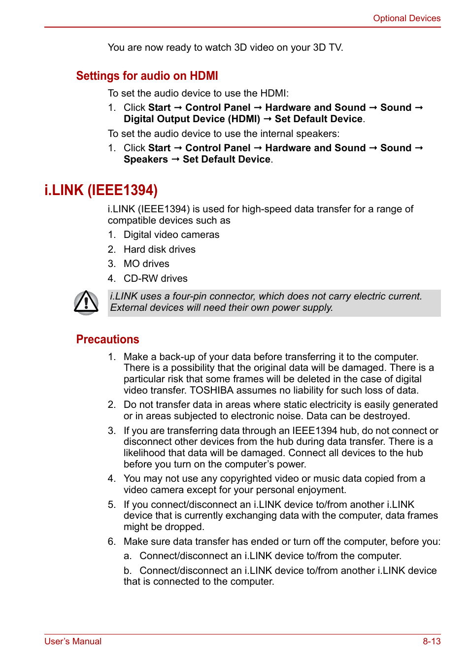 I.link (ieee1394), I.link (ieee1394) -13, Settings for audio on hdmi | Precautions | Toshiba Qosmio X500 User Manual | Page 150 / 204