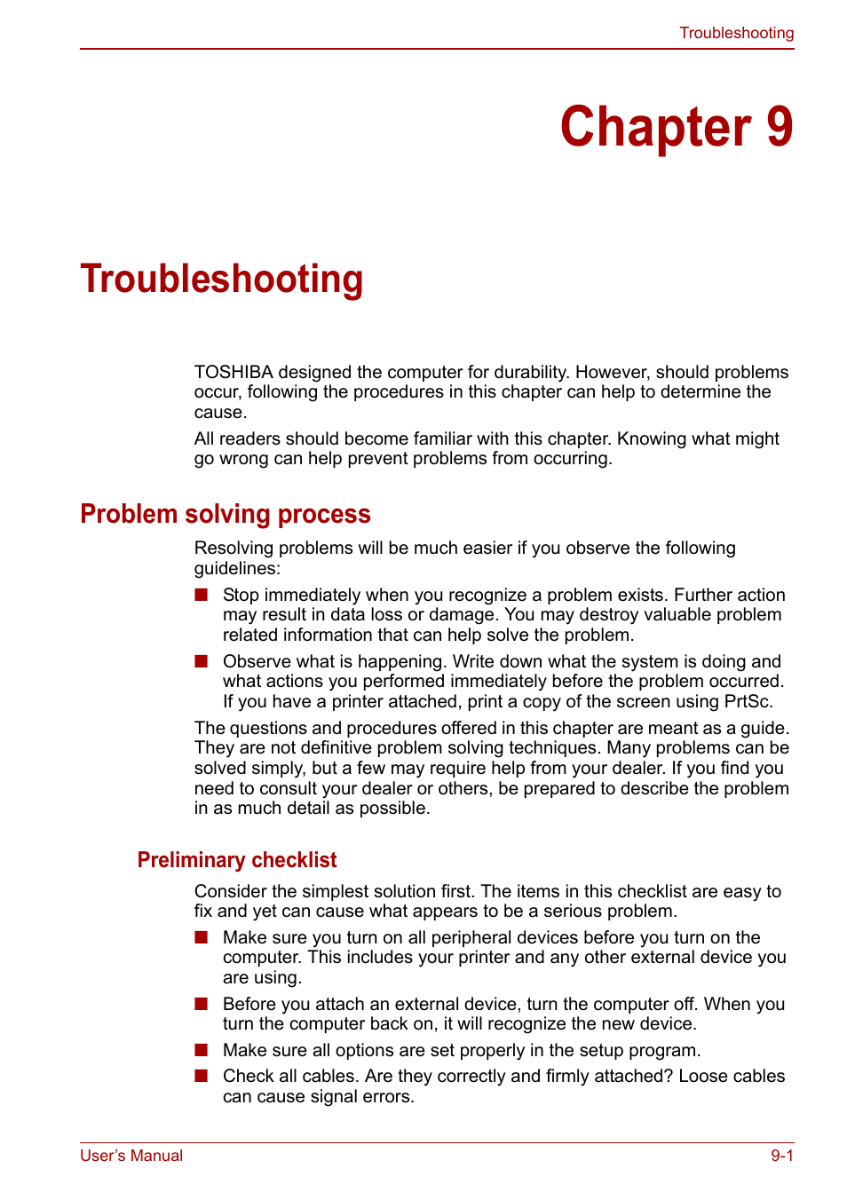 Chapter 9: troubleshooting, Problem solving process, Chapter 9 | Troubleshooting, Problem solving process -1 | Toshiba Qosmio X500 User Manual | Page 154 / 204