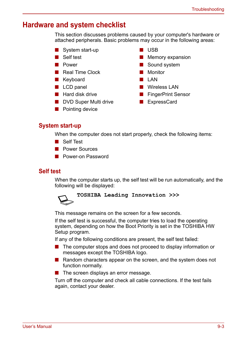 Hardware and system checklist, Hardware and system checklist -3, System start-up | Self test | Toshiba Qosmio X500 User Manual | Page 156 / 204