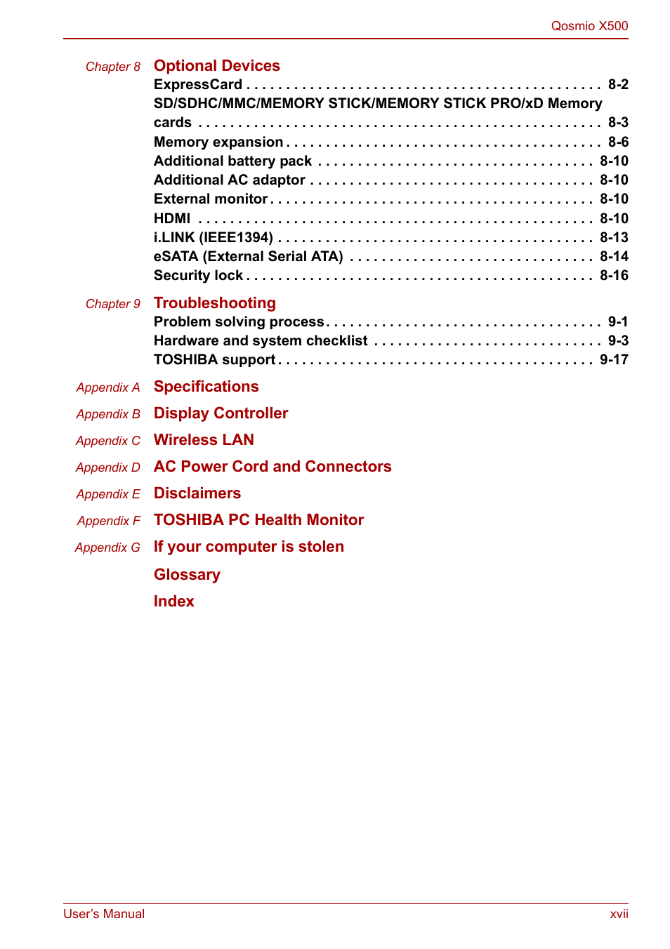 Toshiba Qosmio X500 User Manual | Page 17 / 204