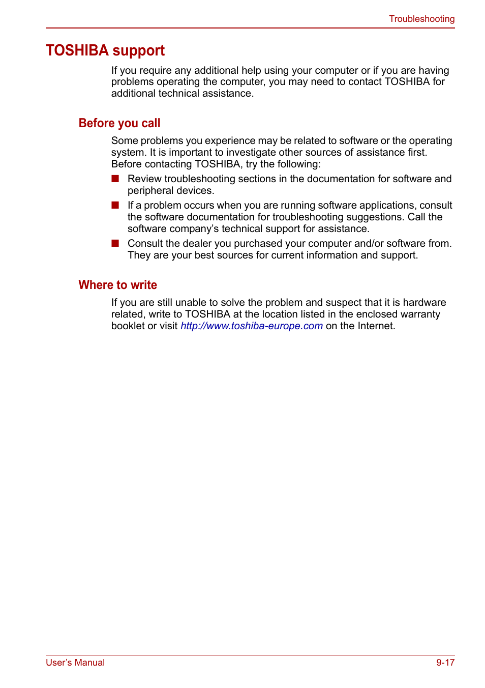 Toshiba support, Toshiba support -17, Before you call | Where to write | Toshiba Qosmio X500 User Manual | Page 170 / 204