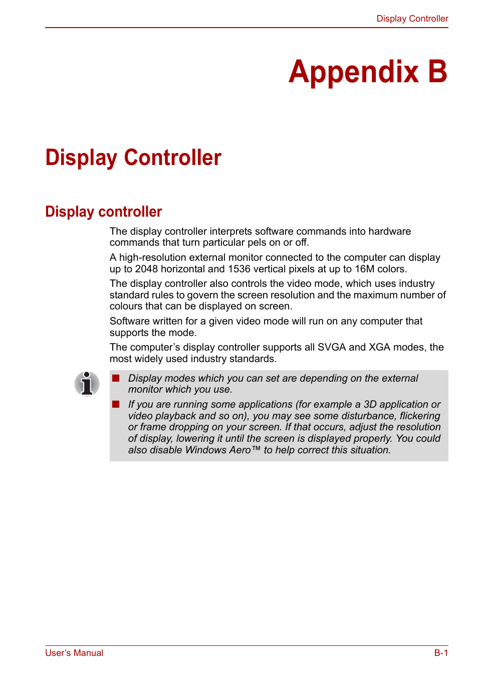 Appendix b: display controller, Appendix b, Display controller | Dix b, Display, Controller | Toshiba Qosmio X500 User Manual | Page 173 / 204