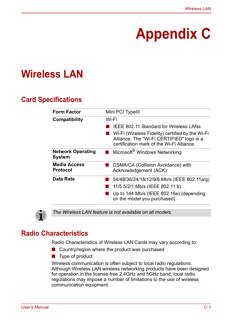 Appendix c: wireless lan, Appendix c, Wireless lan | Card specifications radio characteristics | Toshiba Qosmio X500 User Manual | Page 174 / 204