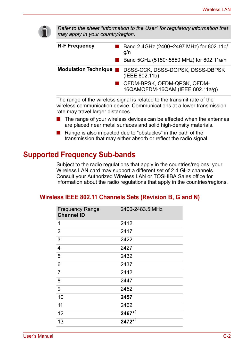 Supported frequency sub-bands | Toshiba Qosmio X500 User Manual | Page 175 / 204