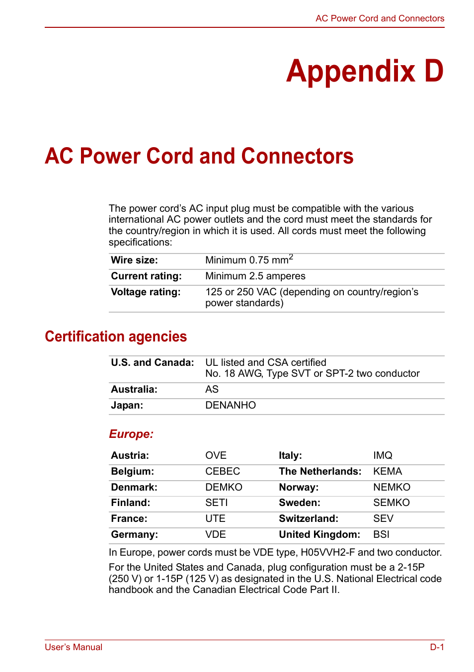 Appendix d: ac power cord and connectors, Appendix d, Ac power cord and connectors | Certification agencies | Toshiba Qosmio X500 User Manual | Page 177 / 204