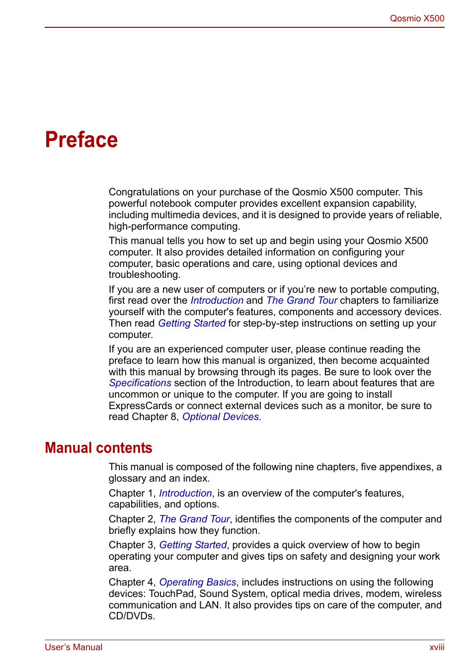 Preface, Manual contents | Toshiba Qosmio X500 User Manual | Page 18 / 204