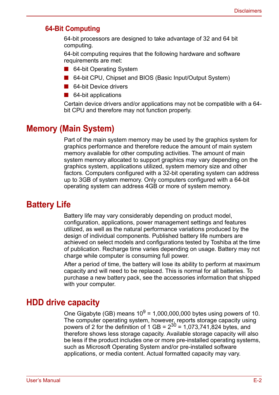 Battery life, Hdd drive capacity, Bit computing | Toshiba Qosmio X500 User Manual | Page 180 / 204