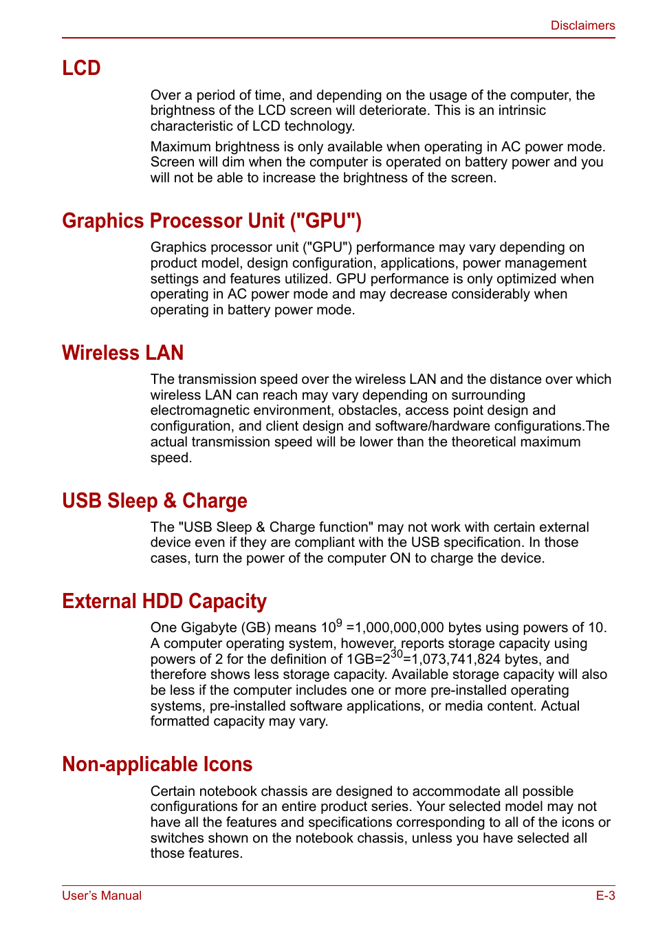 Graphics processor unit ("gpu"), Wireless lan, Usb sleep & charge | External hdd capacity, Non-applicable icons | Toshiba Qosmio X500 User Manual | Page 181 / 204