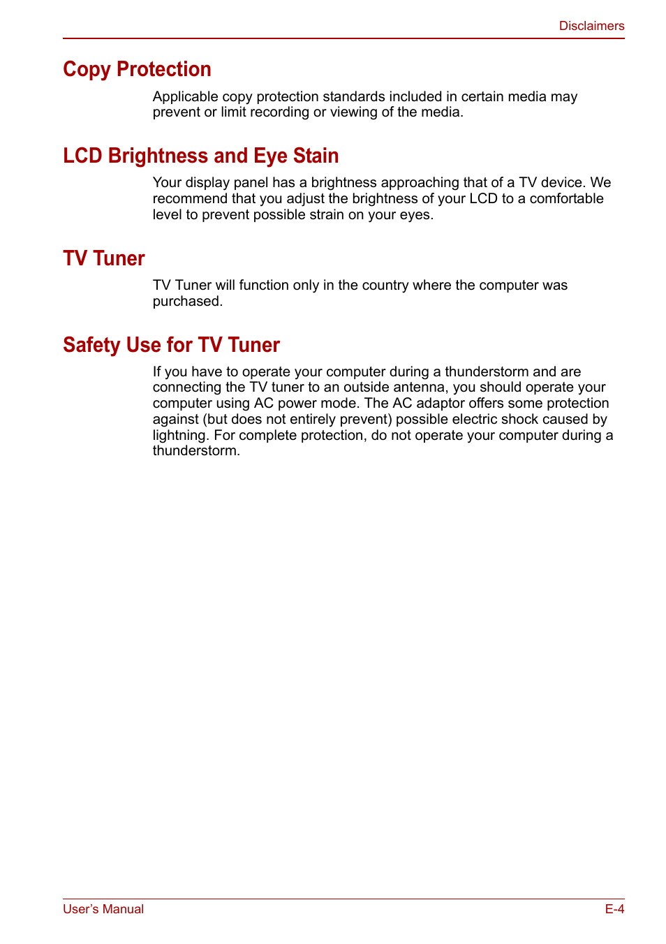 Copy protection, Lcd brightness and eye stain, Tv tuner | Safety use for tv tuner | Toshiba Qosmio X500 User Manual | Page 182 / 204