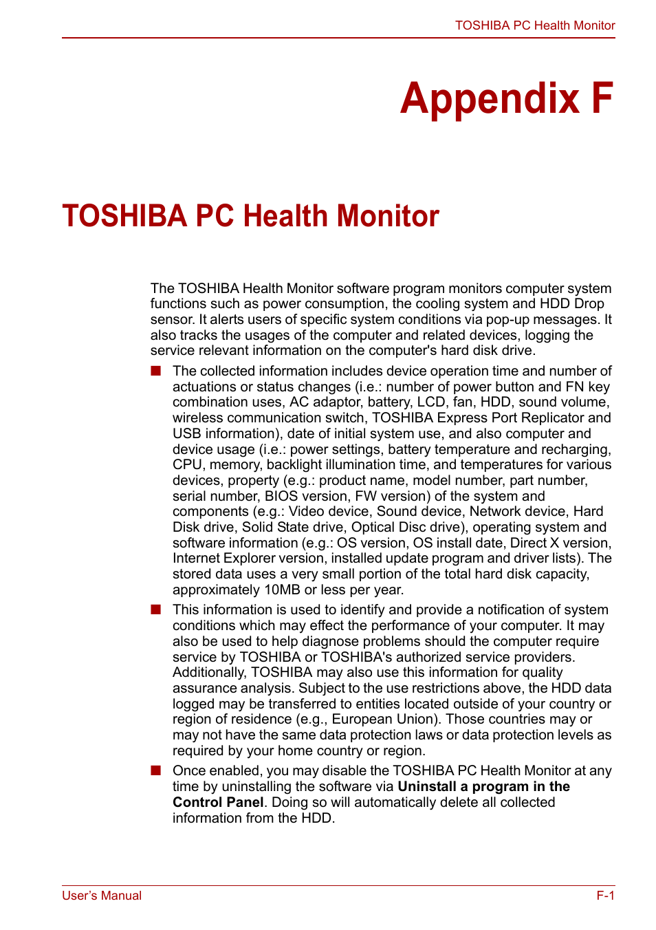 Appendix f: toshiba pc health monitor, Appendix f, Toshiba pc health monitor | Toshiba Qosmio X500 User Manual | Page 183 / 204