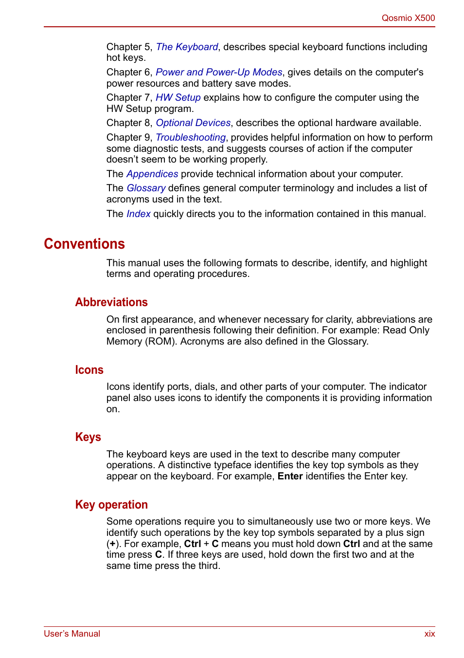 Conventions, Abbreviations, Icons | Keys, Key operation | Toshiba Qosmio X500 User Manual | Page 19 / 204