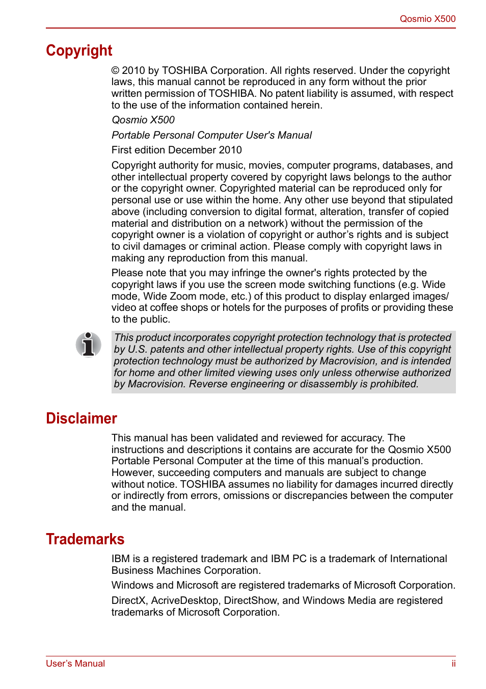 Copyright, Disclaimer, Trademarks | Toshiba Qosmio X500 User Manual | Page 2 / 204