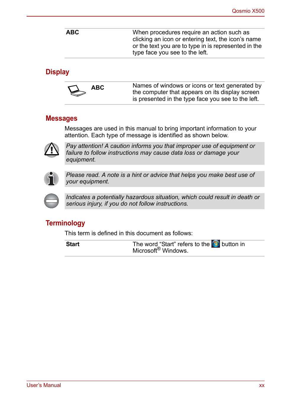 Display messages, Terminology | Toshiba Qosmio X500 User Manual | Page 20 / 204