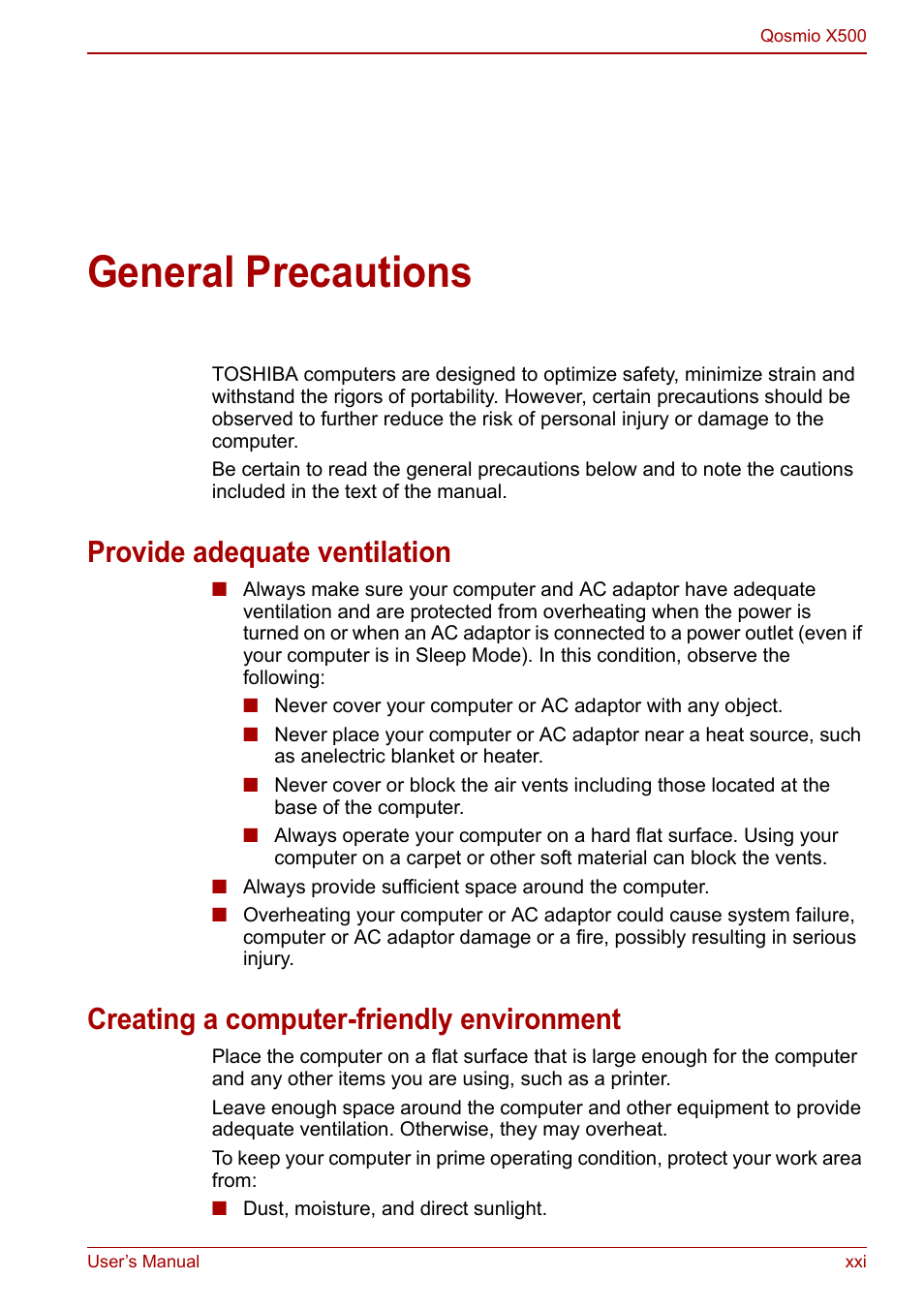 General precautions, Provide adequate ventilation, Creating a computer-friendly environment | Toshiba Qosmio X500 User Manual | Page 21 / 204