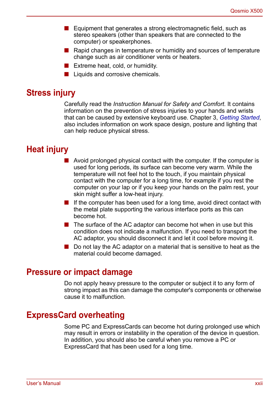 Stress injury, Heat injury, Pressure or impact damage | Expresscard overheating | Toshiba Qosmio X500 User Manual | Page 22 / 204