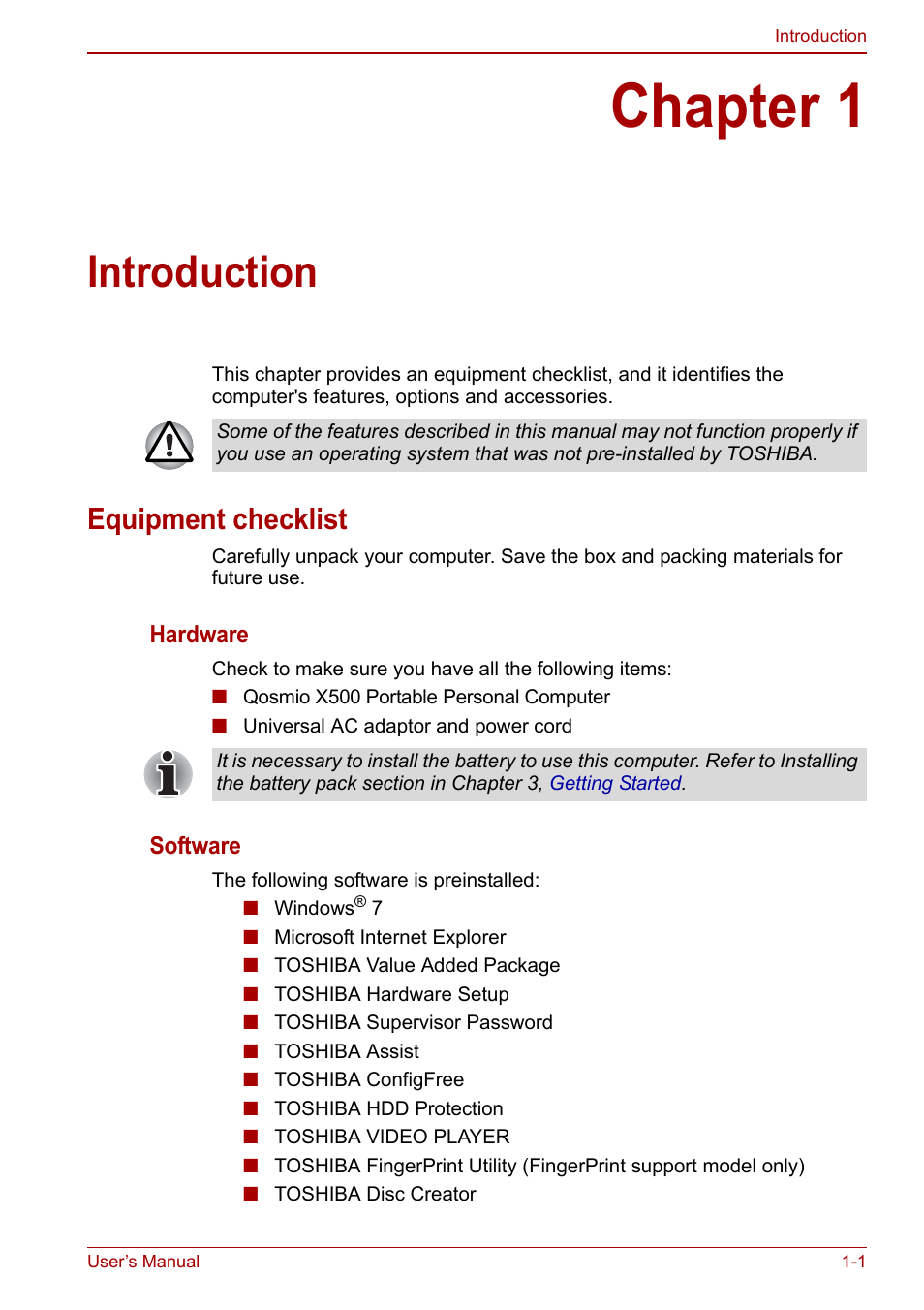 Chapter 1: introduction, Equipment checklist, Chapter 1 | Introduction, Equipment checklist -1, Is an overvie | Toshiba Qosmio X500 User Manual | Page 24 / 204