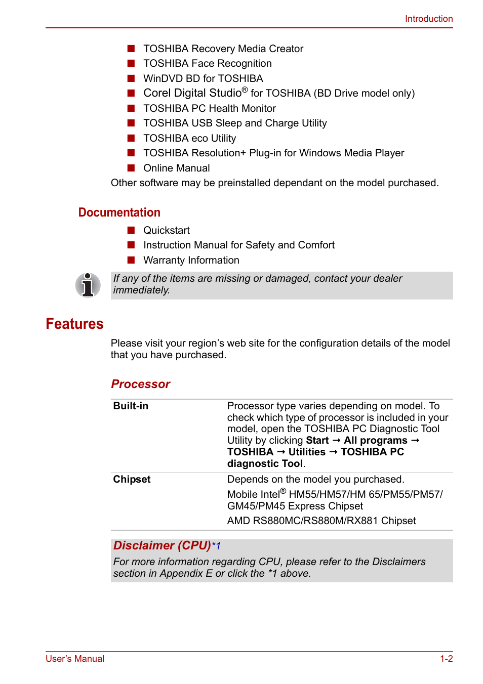 Features, Features -2, Documentation | Toshiba Qosmio X500 User Manual | Page 25 / 204