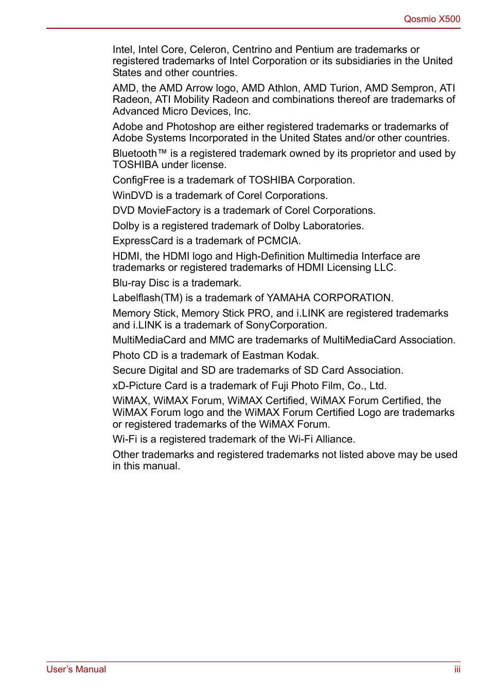 Toshiba Qosmio X500 User Manual | Page 3 / 204