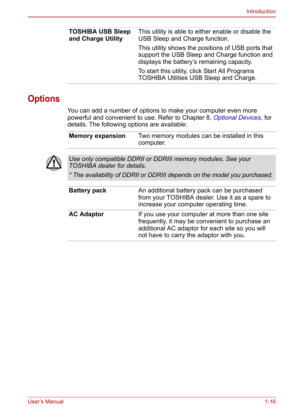 Options, Options -16 | Toshiba Qosmio X500 User Manual | Page 39 / 204